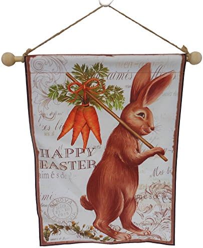 Brown Bunny &amp; Carrots HAPPY EASTER Banner Flag/Wall Decor French Accents ~ 11.4" x 16"
