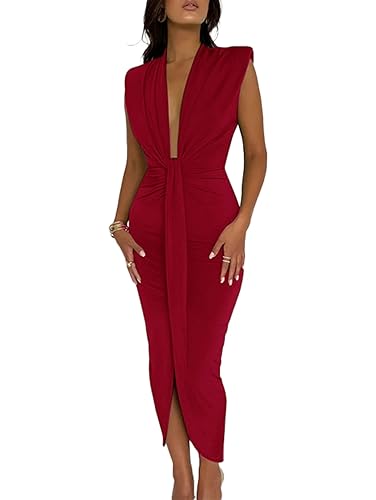 LYANER Women's Deep V Neck Pads Shoulder Ruched Split Slit Front Sleeveless Bodycon  Midi Dress Wine Red Small in Dubai - UAE | Whizz Club
