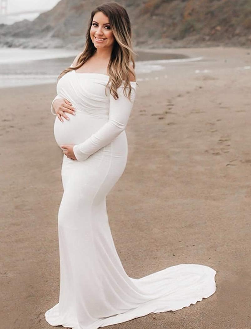 Saslax Maternity Elegant Fitted Maternity Gown Long Sleeve Slim Fit Maxi Photography Dress at  Women’s Clothing store
