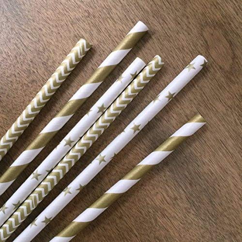 JPACO Gold Paper Straws (75 Pack, Stripe, Chevron, Star Designs) 100% Biodegradable