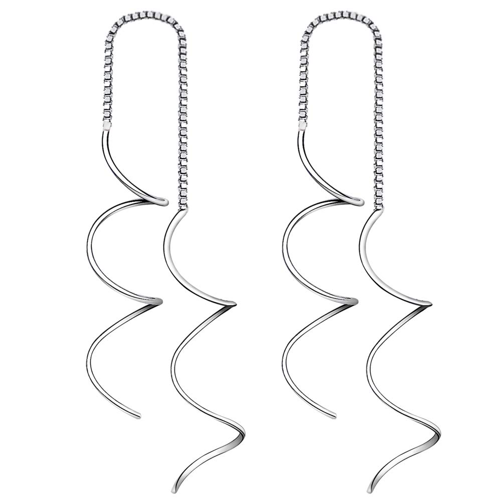 Yaneno 925 Sterling Silver Fresh Style Threader Pull Through Dangle Earrings Curve Twist for Women (White)