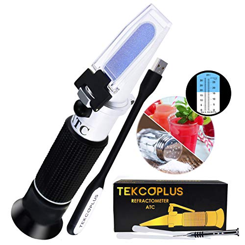 Dual Scale(2 in 1) Brix and Salinity Refractometer w/ ATC, 2 scale 0-32% Brix 0-28% Salinity, Measure Sodium Chloride in Food, Salt, Brine, beer, fruits, Cutting Liquid, EXTRA LED light + pipettes