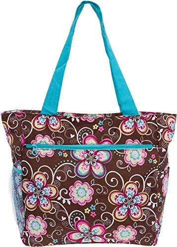 Women's Beach Shopper Tote Bag (Brown Flower w/Turquoise Trim)