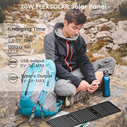 FlexSolar 20W Solar Panel Charger Portable Foldable Fast Charging QC3.0 USB-A USB-C Output Small Power IP67 Waterproof Camping Backpacking Hiking Emergency for Phones Power Banks Flashlight Fans