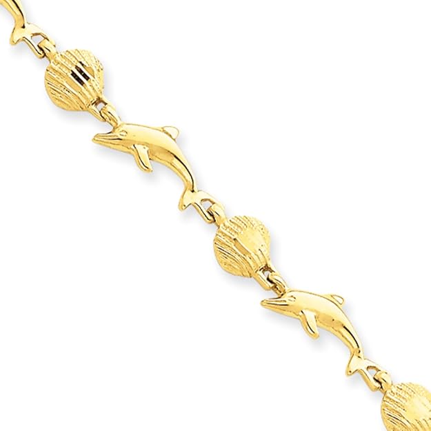 14k Yellow Gold Dolphin and Shell Bracelet 7 Inch Link