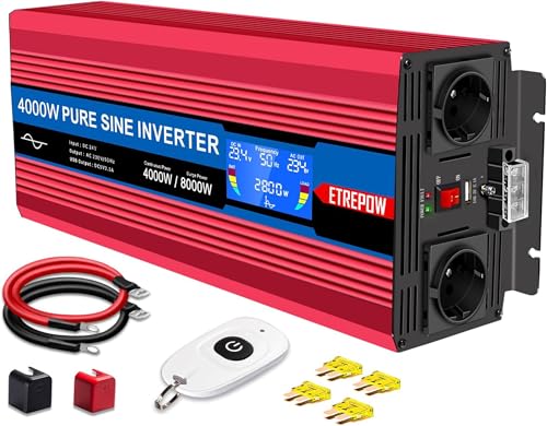 ETREPOW 4000W Converter 24v 220v Pure Sine Transformer-2 EU AC & USB Sockets, Wireless Remote Control and LCD Screen Inverter for Solar Systems, Car, Camping, Travel