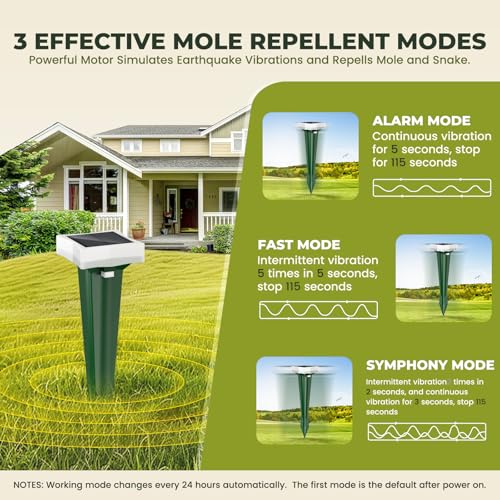 Anti-Mole, 3 Vibration Modes Mole Repellent with LED Light, Solar Mole and Waterproof, Repels Mole Snake and Other Rodents in Garden, Yard and Lawn (4 Pieces)