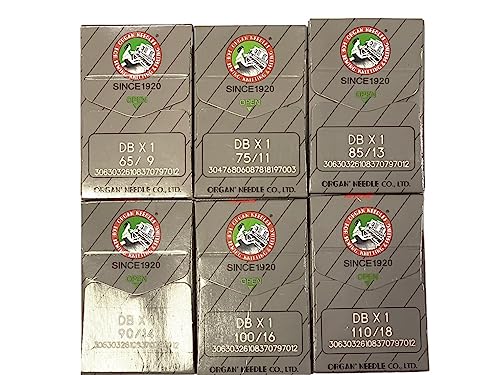 60 PCS Organ Industrial Single Needle DBX1 in Assorted Sizes 9,11,13,14,16,18 Japan Organ Sewing Machine Needles Compatible with/Replacement for JUKI Brand DDL Model and Much More