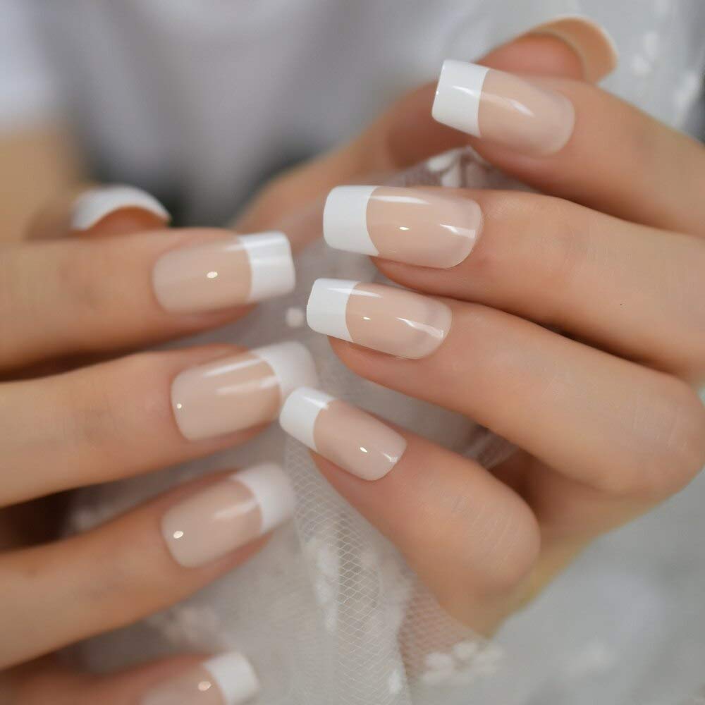 Photo 1 of Fake Nails Medium Size Square Squoval Shape Predesigned Press on Nail (Nude French Nails)