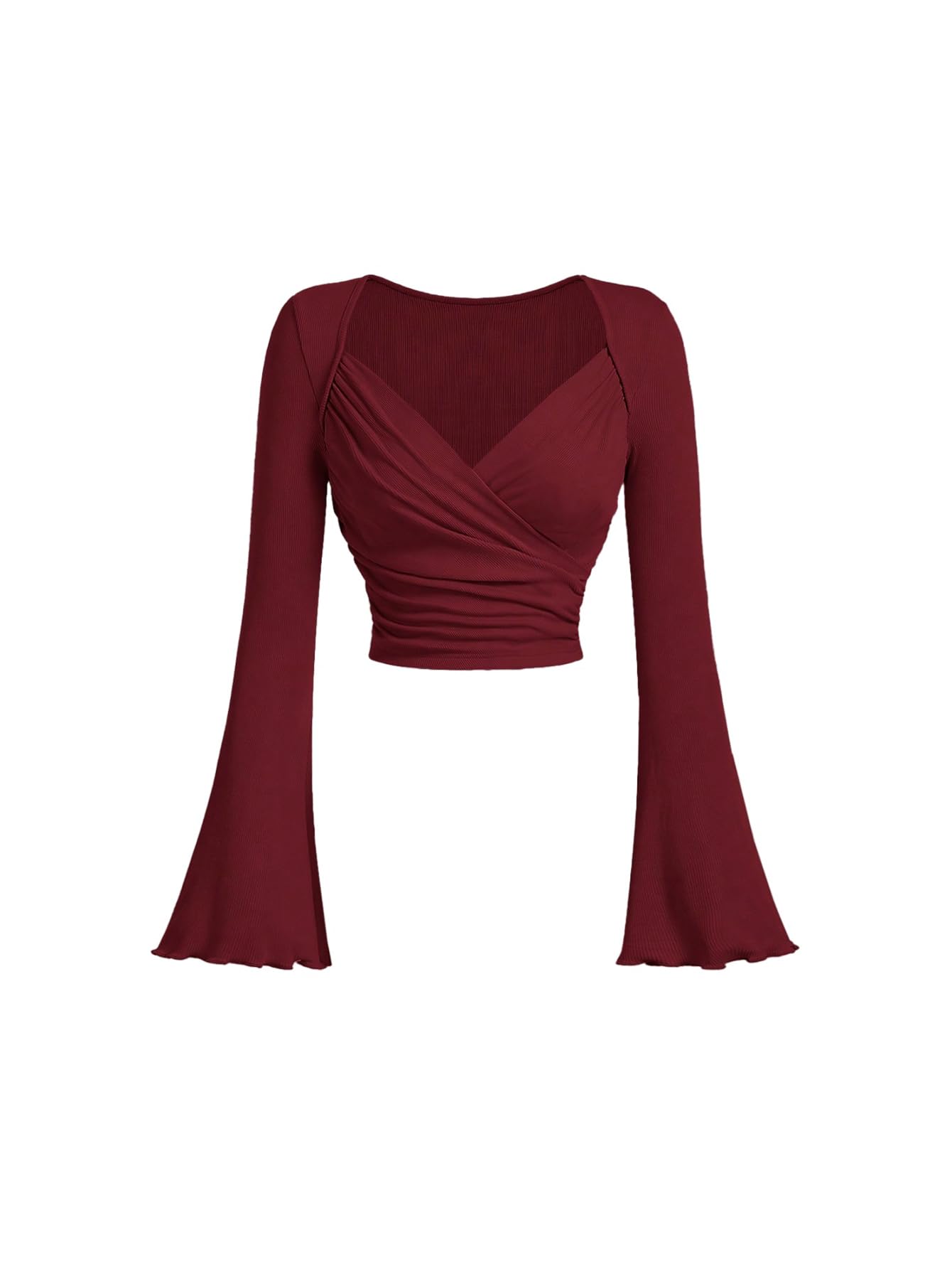 Photo 1 of Floerns Women's Wrap Sweetheart Neck Bell Sleeve T Shirts Ruched Rib Knit Crop Tops Burgundy Medium