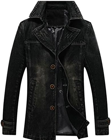 desolateness Mens Slim Fit Button Down Denim Trench Coat Jacket Trench Outwear Black 2XL