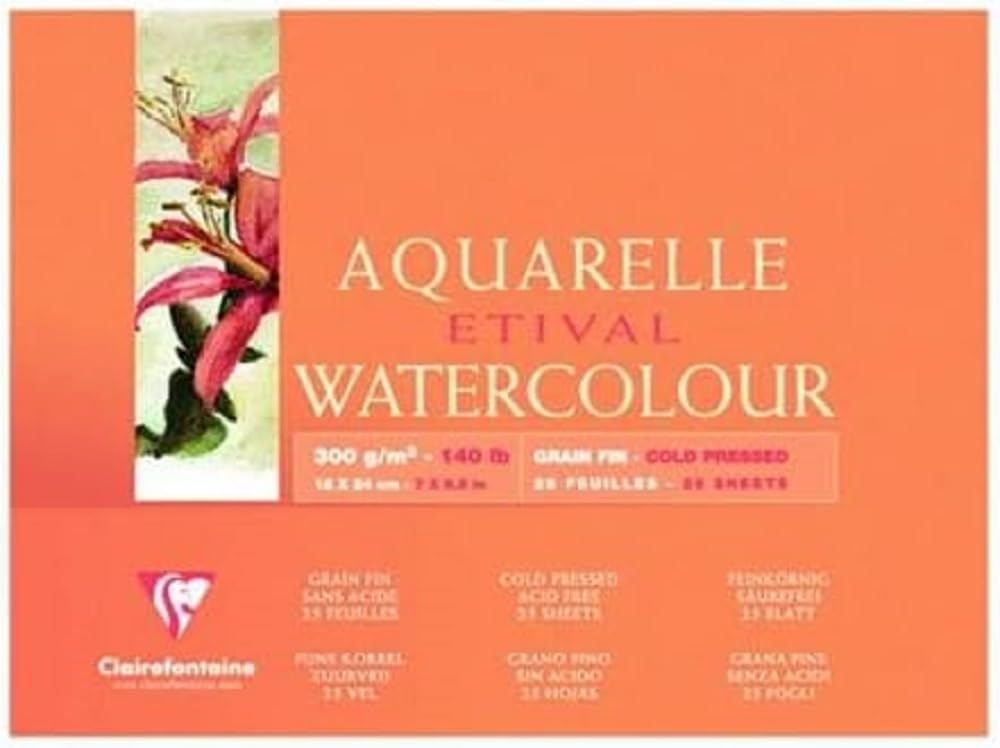 Clairefontaine - Ref 96574C - Etival Cold Pressed Glued Watercolour Painting & Drawing Pad (10 Sheets of Paper) - 24 x 40cm - 300gsm Cellulose Art Paper