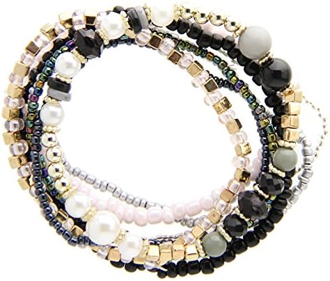 GLOBAL BOX Bohemian Beaded Charm Stretch Bracelet Bundle Bangles (Black)
