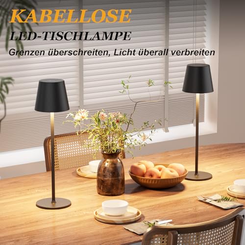 PreeOtti Wireless Table Lamp, Set of 2, Battery LED Table Lamp, Bedside Lamp, Touch Dimmable with 3 Colour Temperatures, Table Lamp with USB-C Rechargeable for Outdoor Bedside Table, Dining Table, Camping (Black)