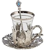 24 Pieces Tea Glasses with Holders Spoons and Saucers Set of 6 - Vintage Tulip Design Ottoman Arabic Gift Set, Silver