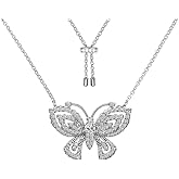 Savlano 14K White Gold Plated Cubic Zirconia Butterfly Pendant Adjustable 14-26 Inch Chain Necklace For Women - Made in Italy Comes Gift Box