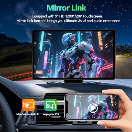 9" Carplay Screen for Car, Portable Wireless Car Play Screen for Apple CarPlay & Android Auto, OTA Updates, Backup Camera, Mirror Link, Voice Control, GPS Navigation, Bluetooth 5.0, FM/AUX