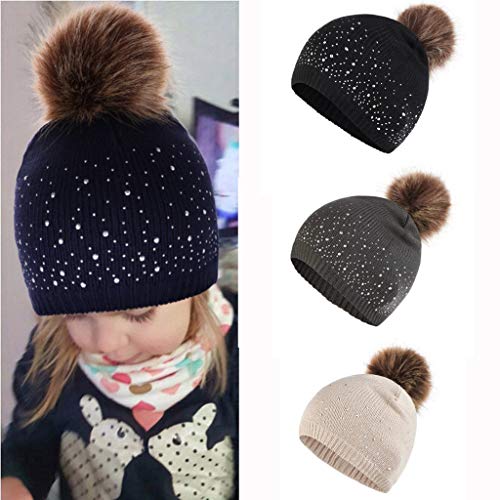 Tomppy Infant Baby Boy Girls Knit Hat Winter Warm Rhinestone Wool Hairball Beanie Cap for Kids 0-3 Years (Free, Black)
