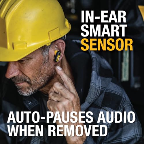 DEWALT Heavy Duty True Wireless Ear Buds, Bluetooth Headphones with Type C Charging Case Included, Over 37 Hours of Battery Life, Easy Setup for iPhone, Perfect for Jobsite, Outdoor Work, Yellow