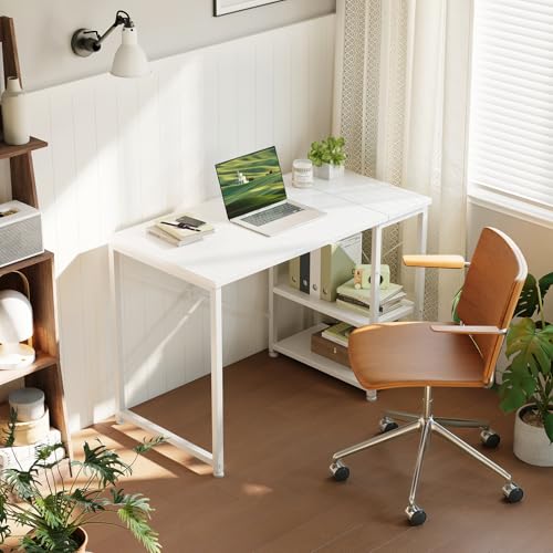 ODK Desk with Storage, 100 x 48 cm Computer Desk with Height-Adjustable and Reversible Shelf, Stable Computer Table for Telework Gaming Students, White