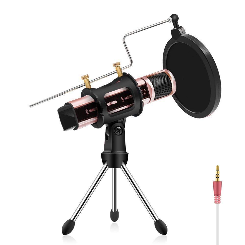 Condenser Microphone, ZealSound Plug&Play Broadcasting Recording Karaoke Microphone Home Studio w/ Mount Stand for iPhone Phone Windows/Mac Podcasters Smule Live Stream Podcasting YouTube (Rose Gold)