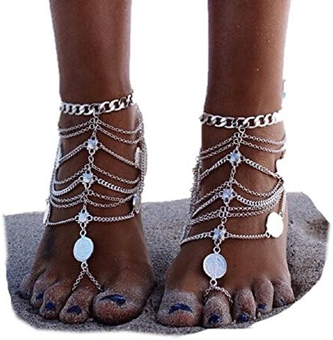 Luxjewelry Silver Coin Blessing Symbol Tassel Anklets Foot Jewelry for Women Girls