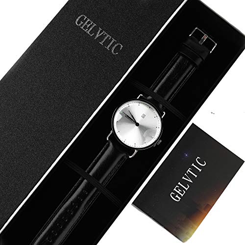 Gelvtic Mens Classic Business Casual Wrist Watches-Quartz Analog Watch with Stainless Steel Back-Black Genuine Leather Strap-Calendar Date Window-Gifts for Men or Boys (Silver-Navy Blue)
