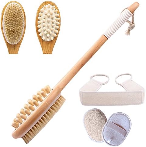 Kiwitwo Long Handled Bath Brush Set with Two Loofah Sponges| Body Brush for Exfoliating and Cellulite Reducing| Blossom Bamboo Shower Brush for Dry Skin Brushing| Back Scrubber for Men and Women