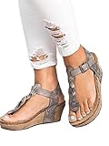 Pxmoda Women's Boho Braided Wedge Sandals Casual T-Strap Wedge Heel Sandal Shoes (US 8, Grey)