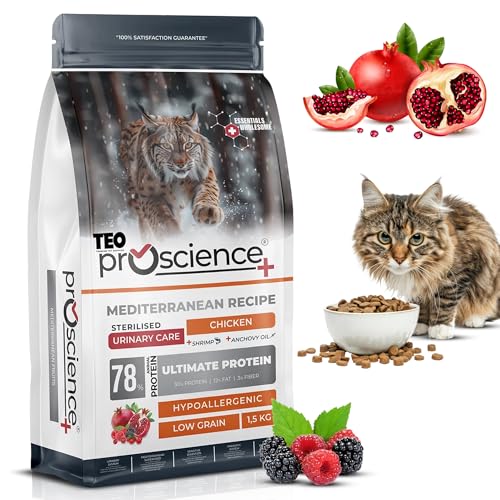 Teo Premium Proscience Chicken Sterilized Cat Food 1.5KG 78% Animal Protein, Low-Grain Digestive Care, Weight Control Formula with Omega 3 & 6, Cranberry & Berry Blend for Neutered Cats Food