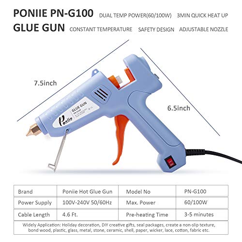 Poniie PN-G100 Dual Temp 60/100W Power Hot Melt Glue Gun Full Size with 12pcs Premium Glue Sticks for DIY Arts & Crafts, Christmas Decoration, Sealing/Repairs