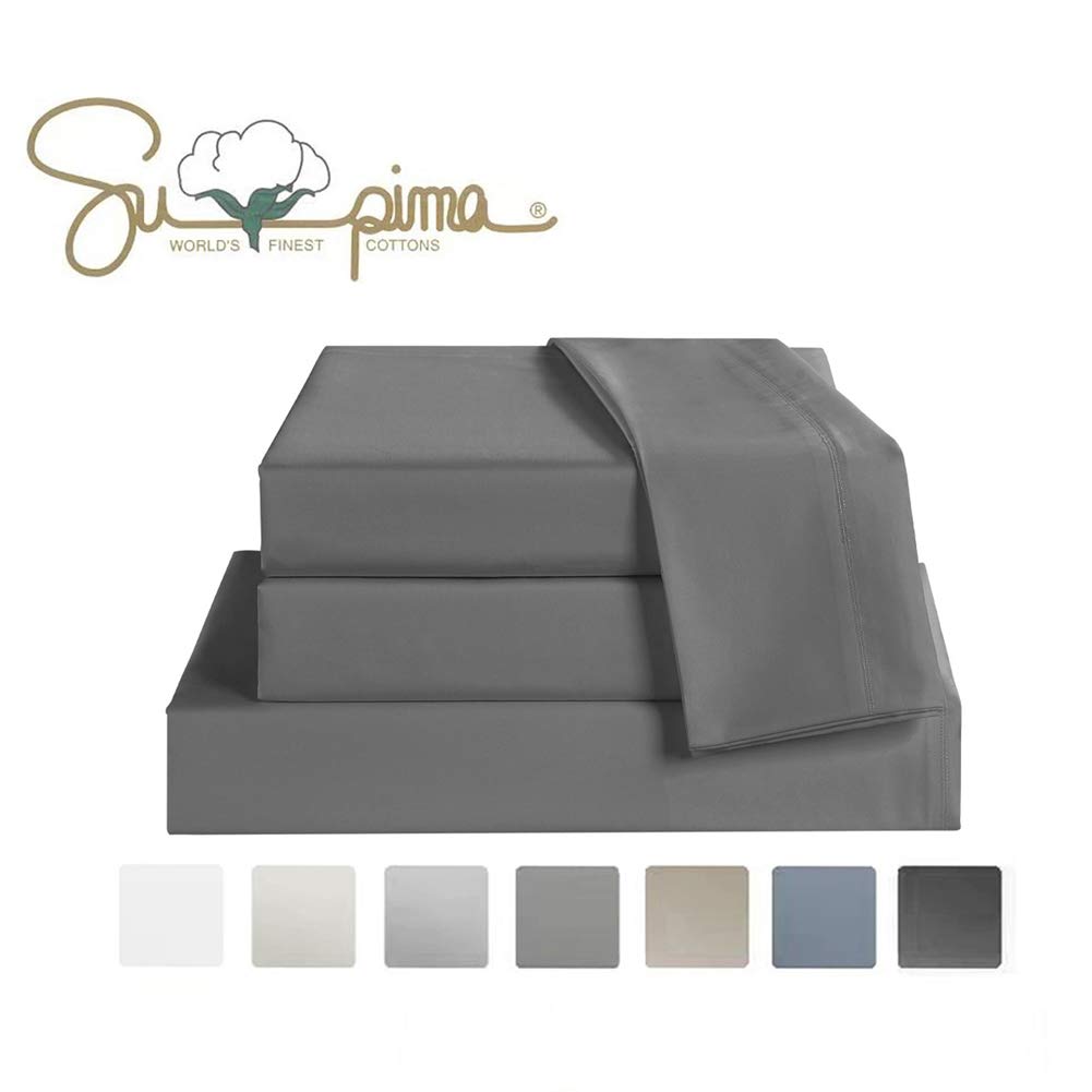 100% Supima Cotton Sheets 600 Thread Count,Bed Sheet Set Queen Size Sheets 4 Pieces, Soft & Silky Sateen Weave, Fits Mattress Up to 18'',Deep Pocket, Breathable & Fade Resistant(Grey,Queen)OEKO-TEX STANDARD 100
