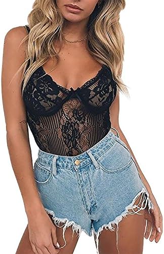 Hyacine Women Sexy Lingerie Teddy Sheer Hollow Out Lace One Piece Bodysuit Bralette Thong Black M