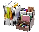 PAG Wood Desk Organizer Office Supplies Caddy 3 Upright File Holder with Drawer,Brown