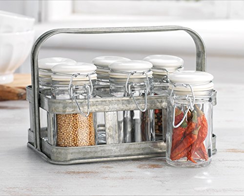 Click Here to See More Images Classic Home Quality Airtight Glass Spice Jar Hermetic Seal Bail & Trigger /Jar in Galvanized Caddy with Lidx2022; Use As Spice Canisterx2022; / Set of 6 (Clear)