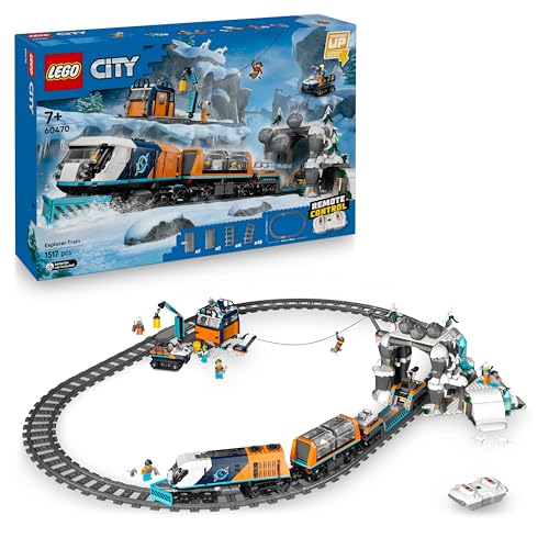 City Le Train Express des Explorateurs en Arctique - Locomotive Télécommandée - Chasse-Neige, 22 Rails & 6 Minifigurines - Fonction Chute de Rochers - Cadeau pour Garçon ou Fille dès 7 Ans 60470