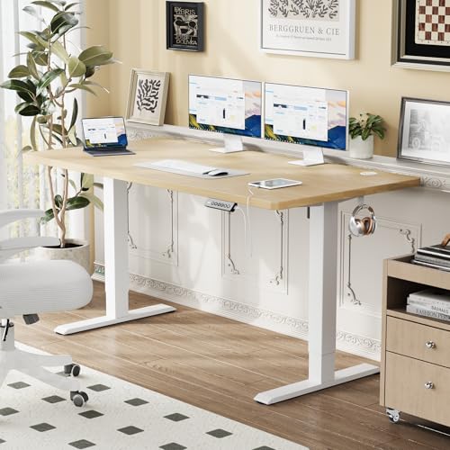 Flamaker Höhenverstellbarer Schreibtisch Ganze Tischplatte 140 x 60 cm Elektrischer Schreibtisch Höhenverstellbar für Steh-Sitz, Computertisch mit Memory-Funktion,Standing Desk,Beige thumbnail 2