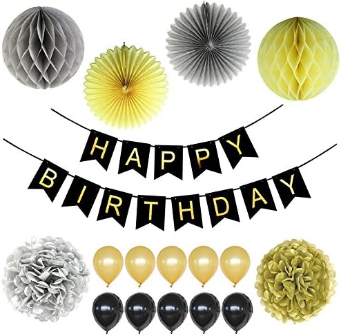 LOCCA Black and Gold Party Decorations 18th, 21st, 30th, 40th, 50th, 60th, 70th, 75th, 80th, 90th Birthday Party Supplies for Men Women Adult, Happy Birthday Banner and Balloons with Tissue Paper Pom