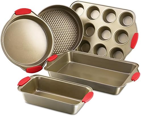 Bakeware Nonstick Baking Pans Set of 5 by Kitchen Komforts. Includes Baking Pan, Loaf Pan, Springform Cake Pan, Muffin Pan, Pizza Pan, with Red Silicone Handle Grips