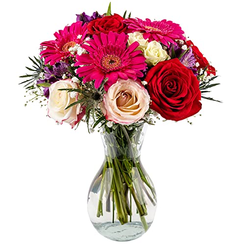 PICK YOUR OWN DELIVERY DATE Red, Pink Sunset Fresh Flower Bouquet with Vase Designed by