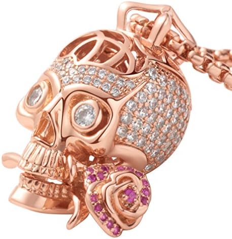 KarseerFaithful Love Rose Skull Pendant Necklace With Crystal Brain Hidden Inside, Unisex, 24"