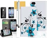 OMIU(TM) Elegant Blue Flowers Flip Magnetic Wallet Leather Case Cover Fit For iPhone 4 4S, With Credit Card Slots, Screen Protector, Stylus and Cleaning Cloth