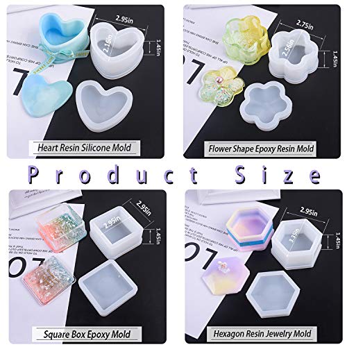 4 Pcs Box Resin Molds with lids, Silicone Jewelry Epoxy Mold Sets with Heart Shape, Hexagon, Square and Flower for Storing Earrings, Rings, Coins, Keys or Making Flower Pot, Ashtray, Pen&Candle Holder
