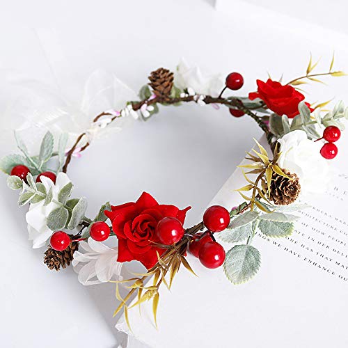 Adjustable Boho red berry Flower Crown Hair Wreath Floral Garland Headband Halo Headpiece with Ribbon Wedding Festival Party