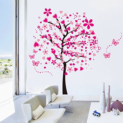 ElecMotive Huge Size Cartoon Heart Tree Butterfly Wall Decals Removable Wall Decor Decorative Painting Supplies & Wall Treatments Stickers for Girls Kids Living Room Bedroom (Heart Tree Butterfly)