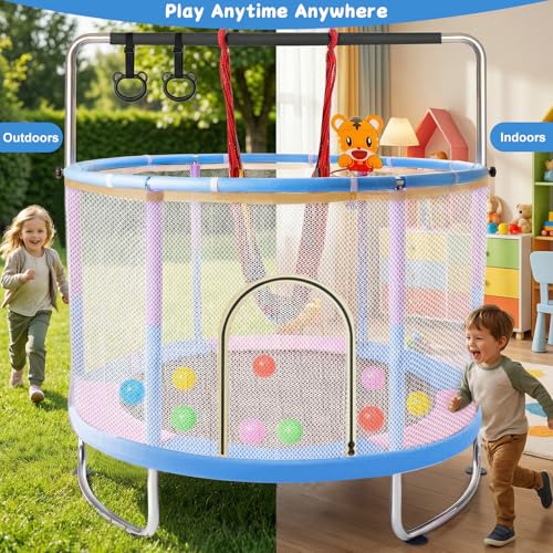 60” Toddler Trampoline with Swing & Gymnastics Bar, Indoor Outdoor Kids Trampoline with Safety Enclosure Net, Gifts for Boys & Girls Age 2-14