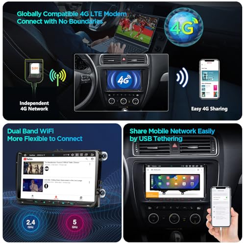 XTRONS Android 14 Car Radio for VW Skoda Seat 9 Inch IPS HD Screen Octa Core 4+64GB Built-in 4G LTE DAB+ WLAN GPS Bluetooth 5.0 Car Play Android Car AKM DSP Optional OBD DVR TPMS