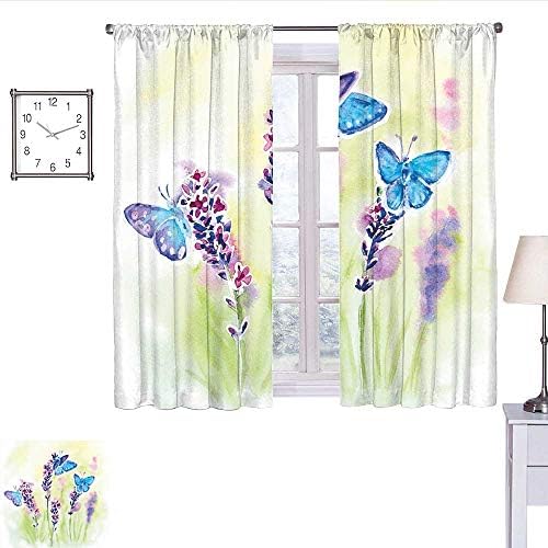 alisoso Lavender Small Window Curtain Summer Field Natural Wildlife Themed Watercolor Artwork with Butterflies Light Curtain Blue Purple Green W63 x L72