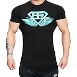EU Men's Workout Muscle Shirts Fitness Gym Bodybuilding Short Sleeve Tees Black Blue Medium