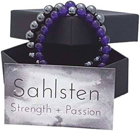 Strength &amp; Passion Natural Stone Beaded Bracelets Purple Jade and Hematite, Great His and Hers Couples Gifts, 2 pieces